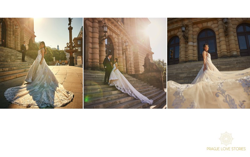 sun flared portraits of the bride & groom at Rudolfinum