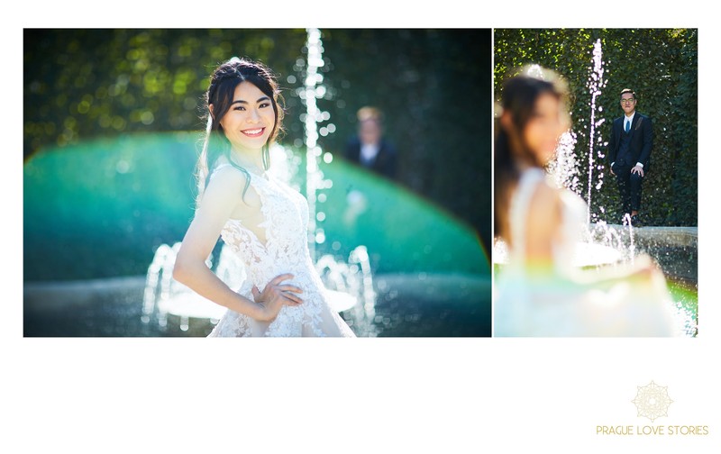 sun flared bridal portraits Waldstein Garden Prague