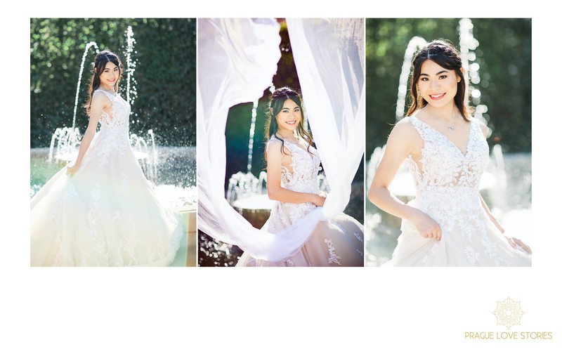 Sun flared bridal portraits at the Wallenstein Garden