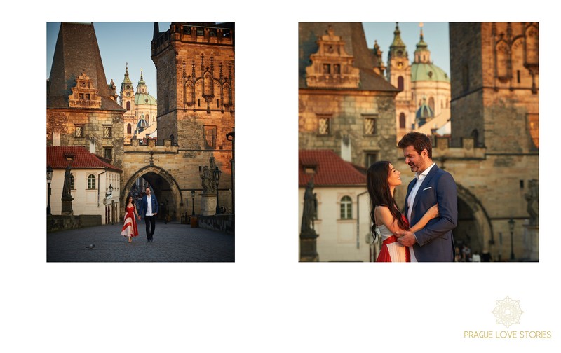 sexy Italian couple walking atop Charles Bridge sunrise