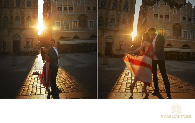 D&A sun flared couple portraits at the Old Town Square