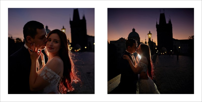 Turkish bride & groom atop Charles Bridge at sunrise