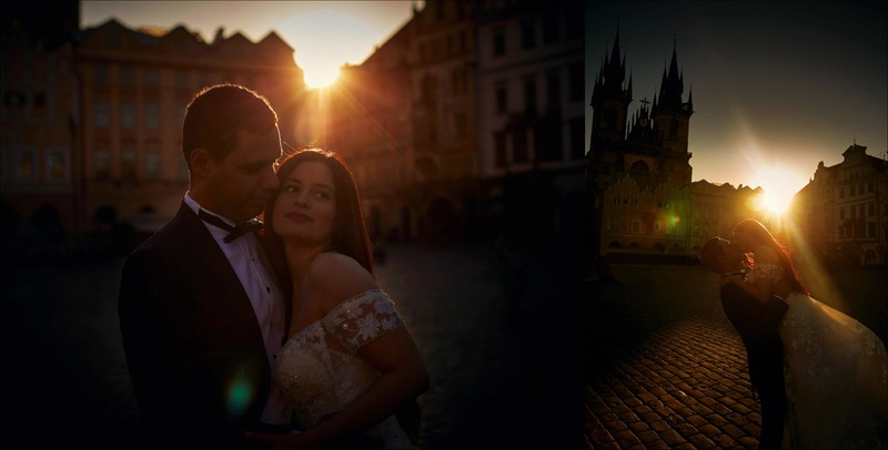 sunrise in the Old Town Square wedding portraits