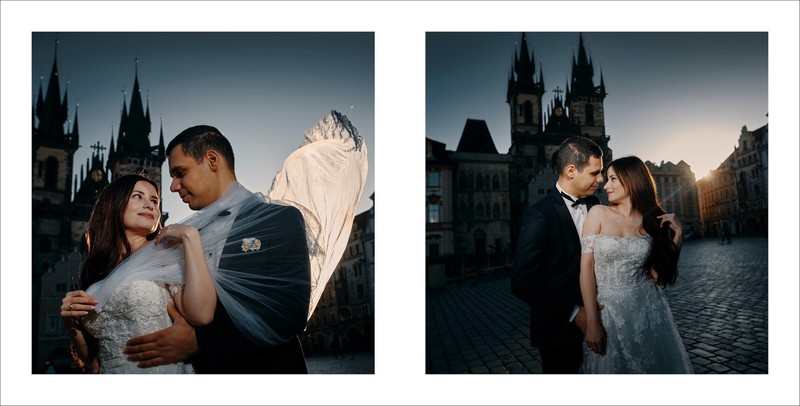 Sexy bride & groom Prague Old Town Square at sunrise