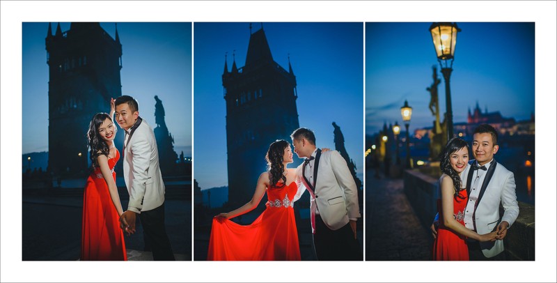 three images showing the night time ambiance of Prague