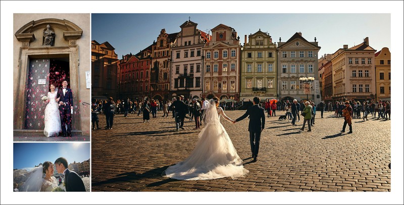 Newlyweds exploring the Old Town Square in Prague