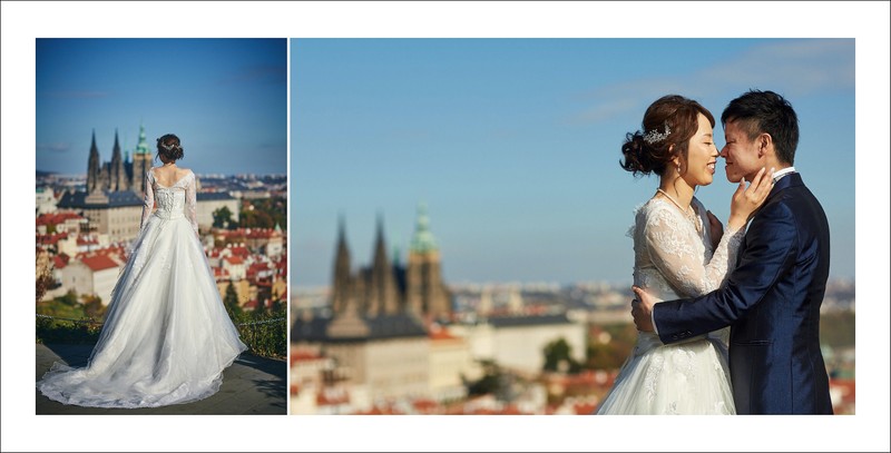 Japanese Bride & Groom above Prague on wedding day