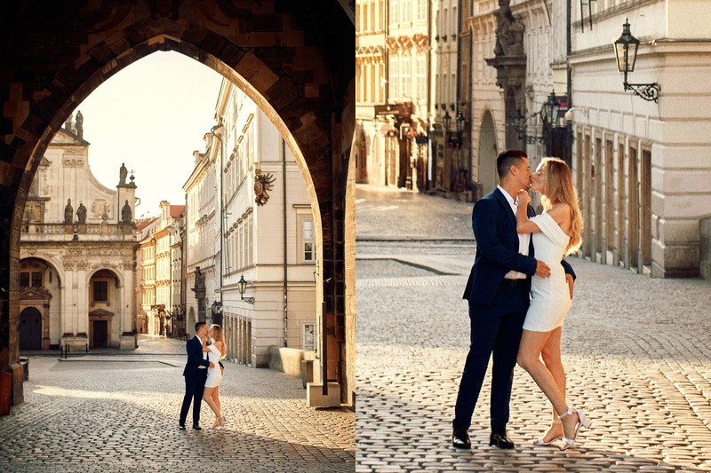 Gorgeous American Couple Embraces Under The Tower Atop The Charles Bridge