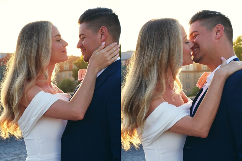 Smiling, beaming California couple kissing in Prague