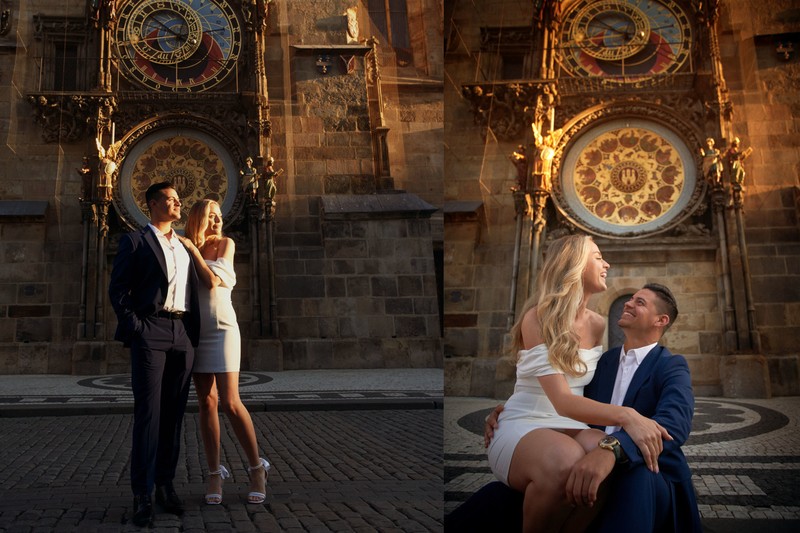 Love Story Photos During The Golden Light Hour At The Astronomical Clock