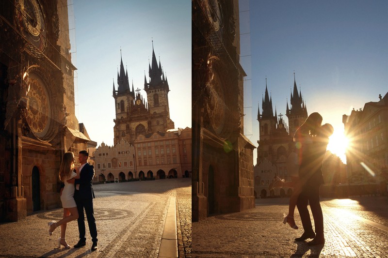 Sexy American Couple Embraces Under The Astronomical Clock At Sunrise