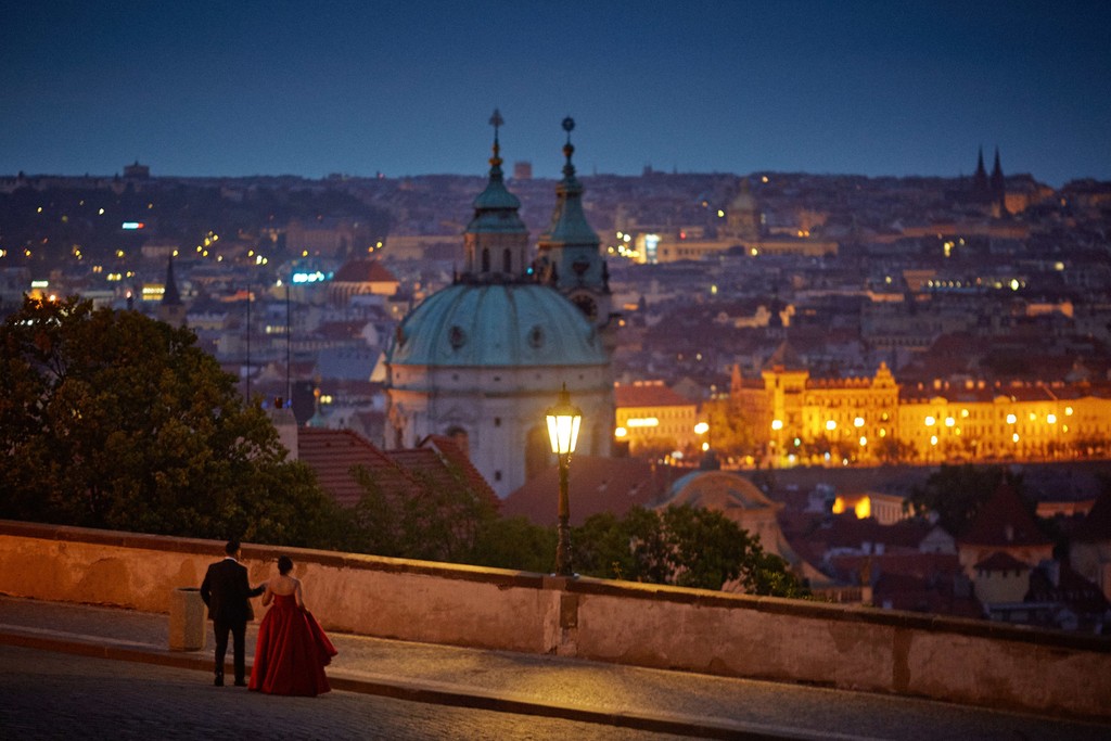 Gorgeous San Diego Couple Exploring Prague Castle at Night