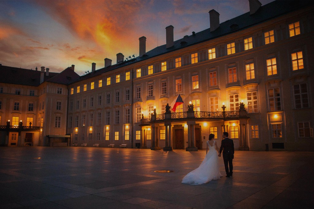 Hong Kong Couple Exploring Prague Castle At Sunset