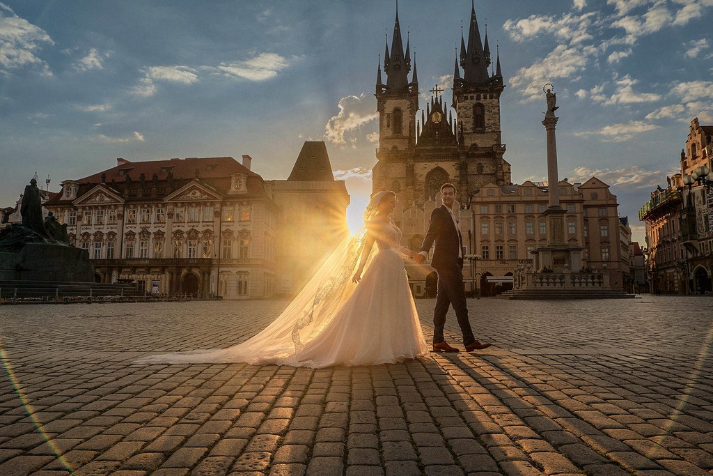 Newlyweds Strolling Old Town Sunrise