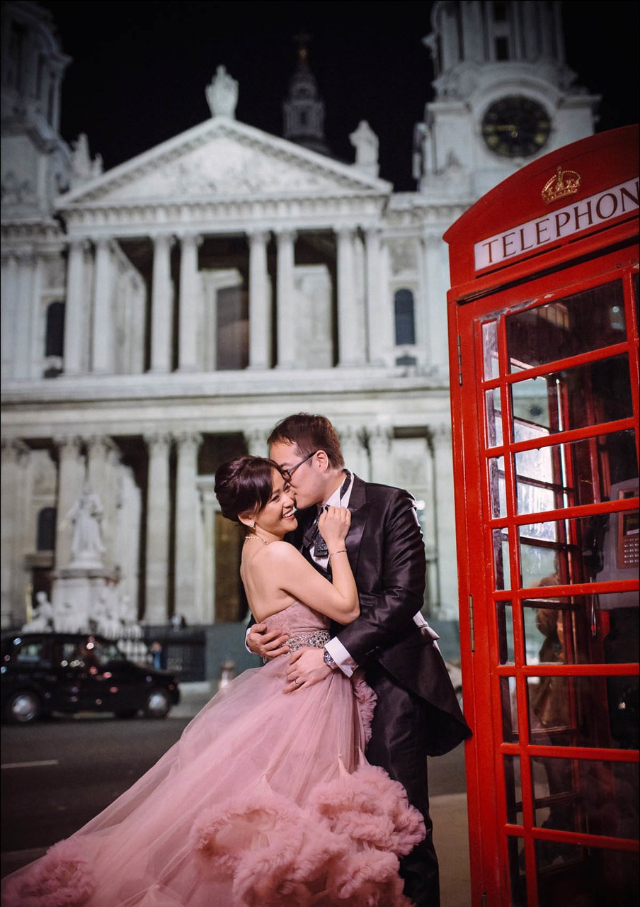 Hong Kong Bride in Pink Dress at Red Phone Booth London