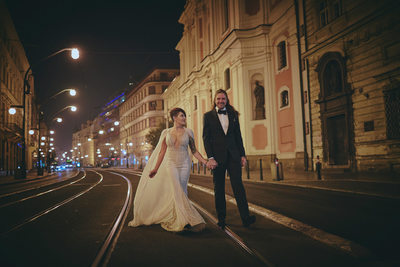 Bride in Berta Dress Sauntering down Narodni Trida