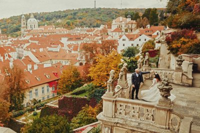 Cinematic couple dancing above Ledebour Garden Prague