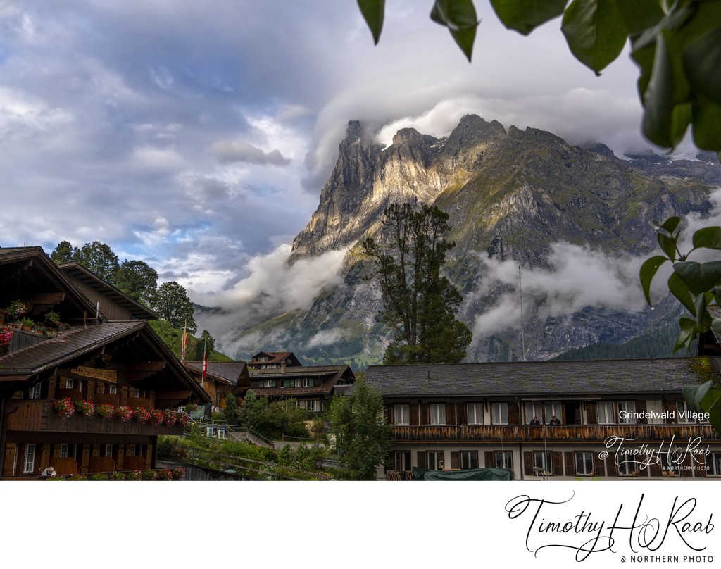 Grindelwald village centre with Eiger mountain in the background.