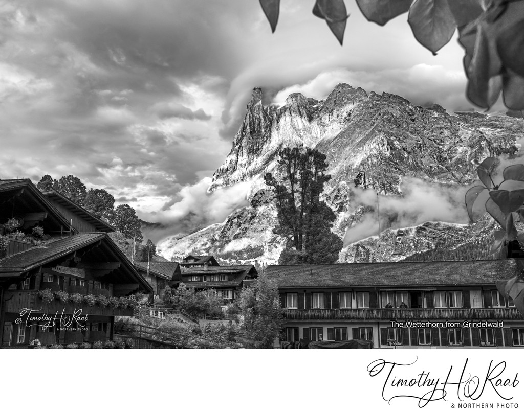 Grindelwald village centre with Eiger mountain in the background.