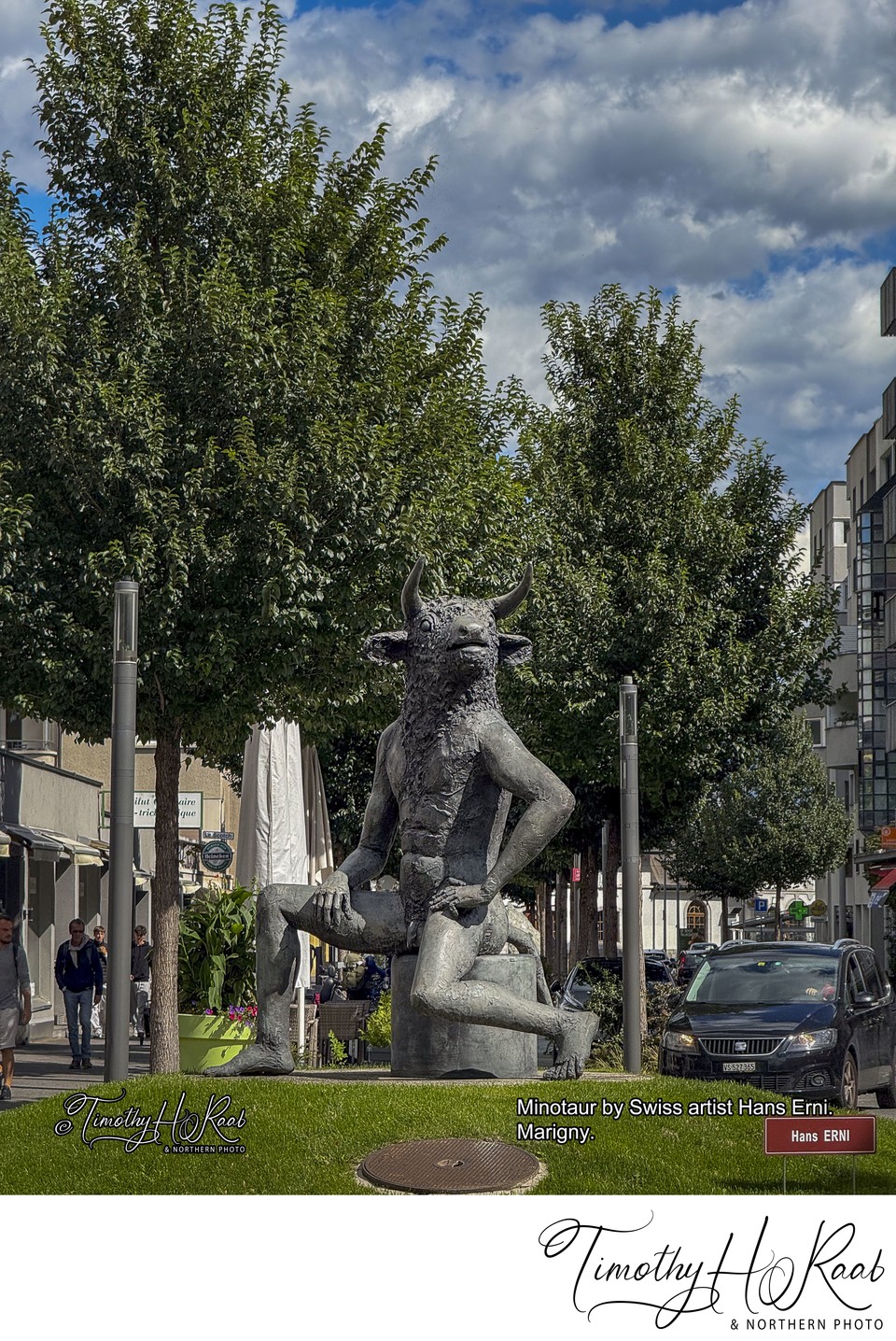 Bronze sculpture of the Minotaur by Swiss artist Hans Erni. Martigny, Switzerland. .