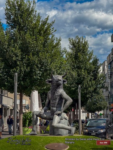 Bronze sculpture of the Minotaur by Swiss artist Hans Erni. Martigny, Switzerland. .