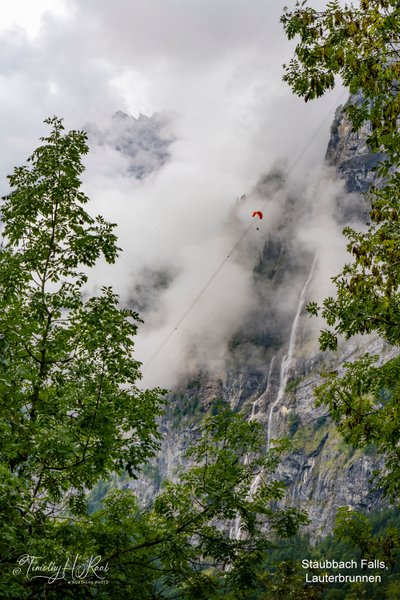 Staubbach Falls, a prominent waterfall located in the Lauterbrunnen Valley of Switzerland