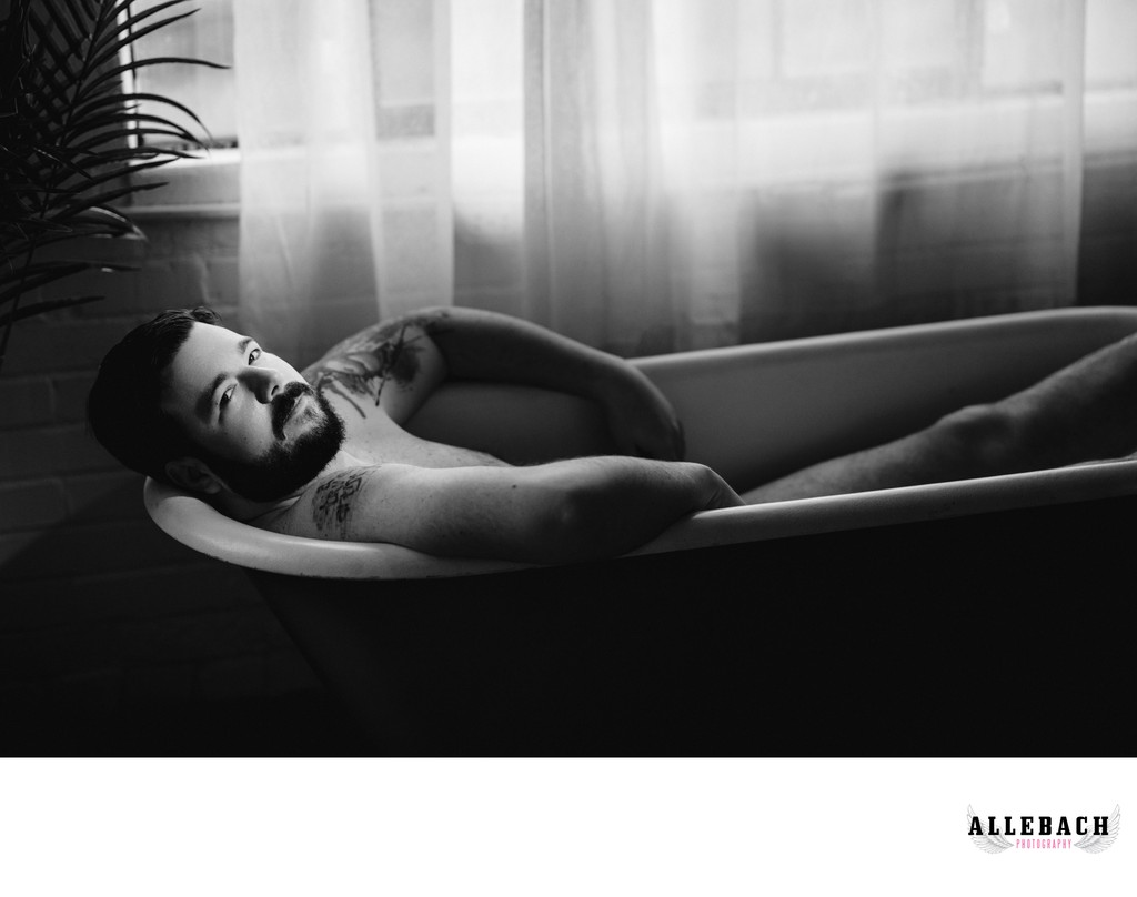 Man in Tub in Black and White