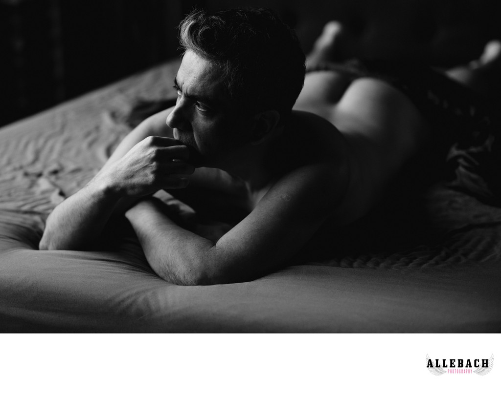 Men's Boudoir on a Bed in Black and White