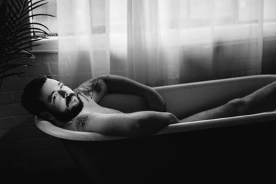 Man in Tub in Black and White