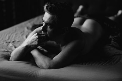 Men's Boudoir on a Bed in Black and White