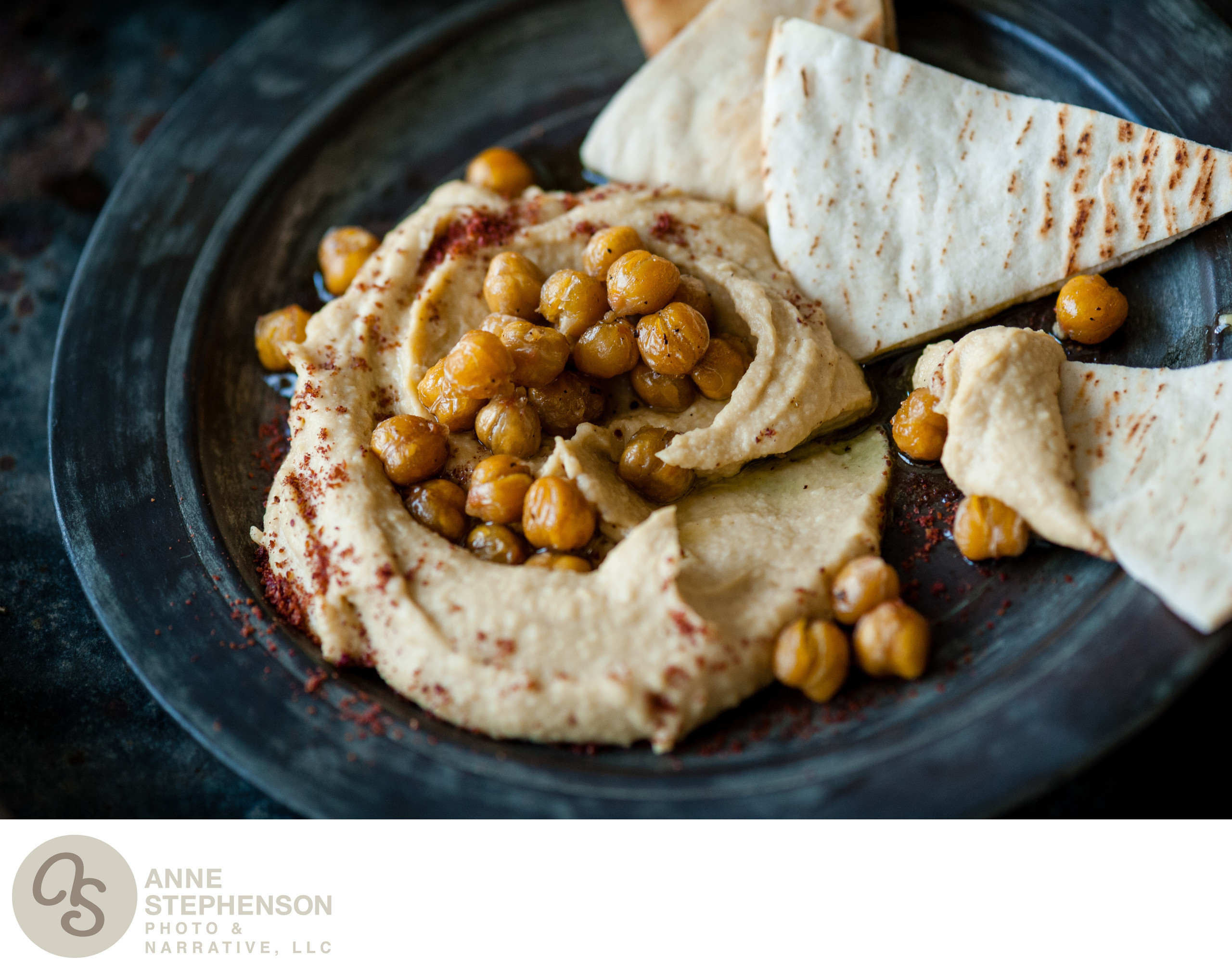 Roasted Chickpeas on Hummus with Pita Chips Denver Food Photographer