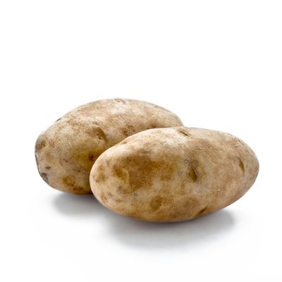 Two russet baking potatoes on white background