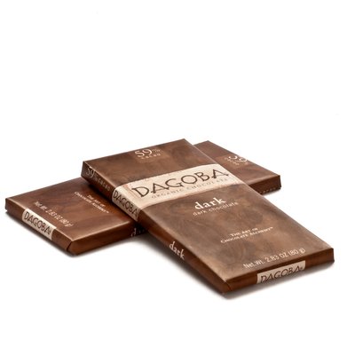Dagoba dark chocolate bars on white background