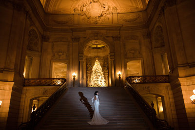 Bride and Christmas Tree at SF City hall