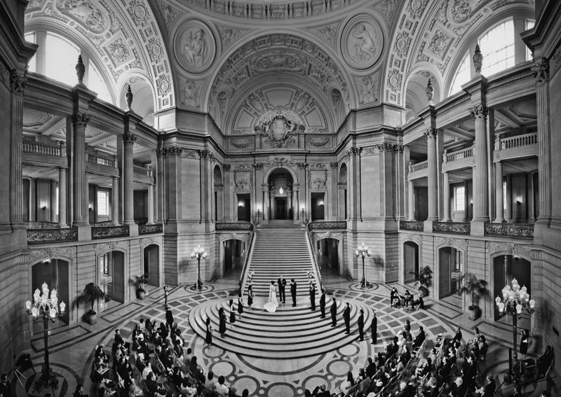 San Francisco City Hall wedding ceremony on the Grand Staircase viewed from the Mayor's Balcony