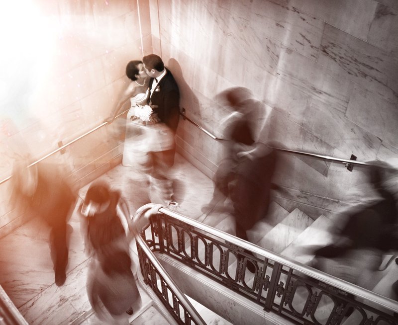 San Francisco City Hall wedding photo on a quieter side staircase