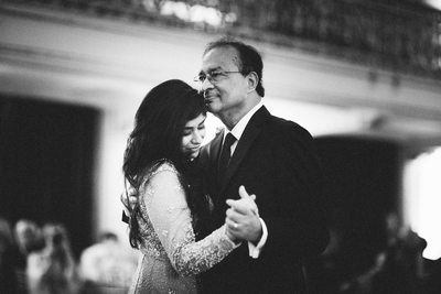 black and white close up of father daughter wedding dance 